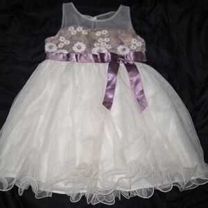Rare Editions Ivory Tulle Dress with Lavender Floral Bodice and Satin Bow